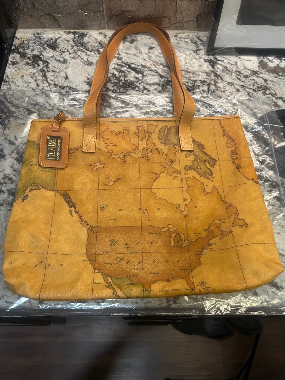Alviero Martini Map-Print Tote in Mustard Yellow with Tan Handles NWOT